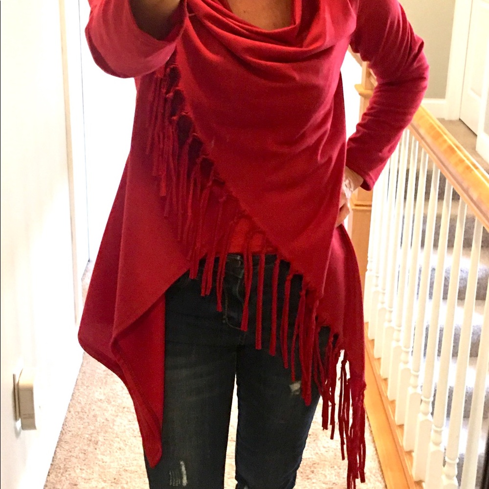 Red Cardigan With Fringe Hem Size XSS